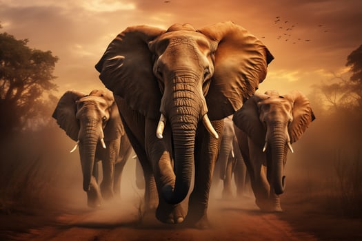 AI generated a group of majestic elephants walks along the African savannah, World Wildlife Day photo