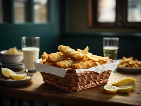AI generated a basket of fish and chips sitting on a table photo