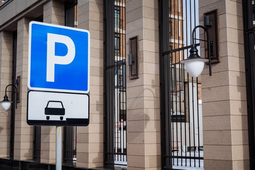 Parking place for public transport. Traffic sign, stop the car for parking. Parking for residents of an elite house. photo