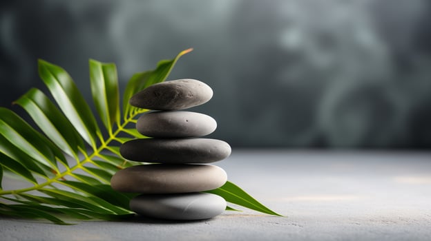 AI generated zen stones and palm leaf on grey background, spa and wellness concept photo
