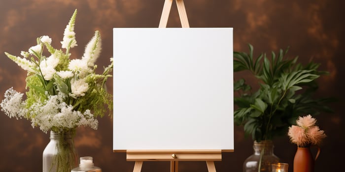 blank white mockup of a white canvas on an easel as a welcome sign at a wedding with many plants flowers view photo