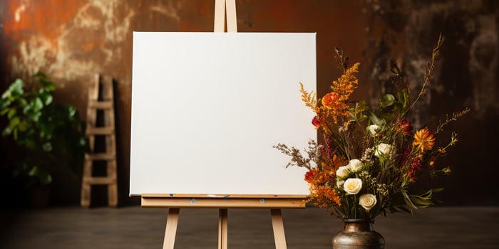 blank white mockup of a white canvas on an easel as a welcome sign at a wedding with many plants flowers view photo