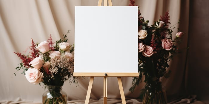 blank white mockup of a white canvas on an easel as a welcome sign at a wedding with many plants flowers view photo