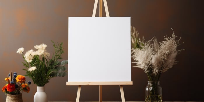 blank white mockup of a white canvas on an easel as a welcome sign at a wedding with many plants flowers view photo
