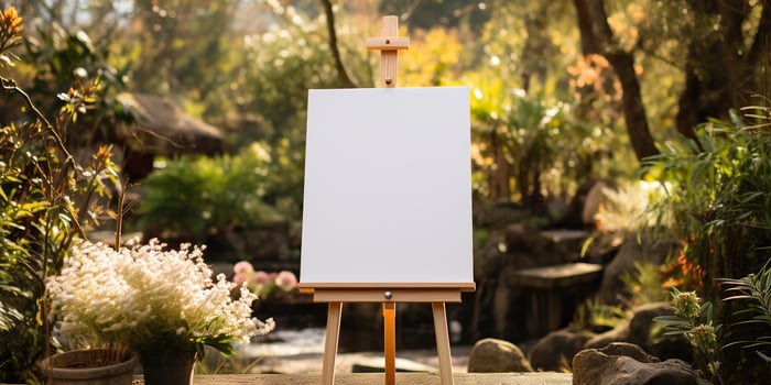 blank white mockup of a white canvas on an easel as a welcome sign at a wedding with many plants flowers view photo