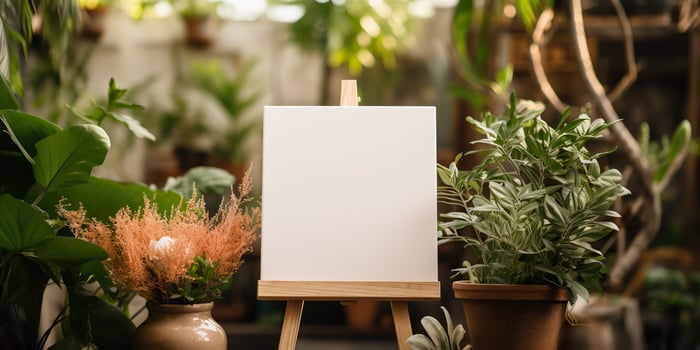 blank white mockup of a white canvas on an easel as a welcome sign at a wedding with many plants flowers view photo