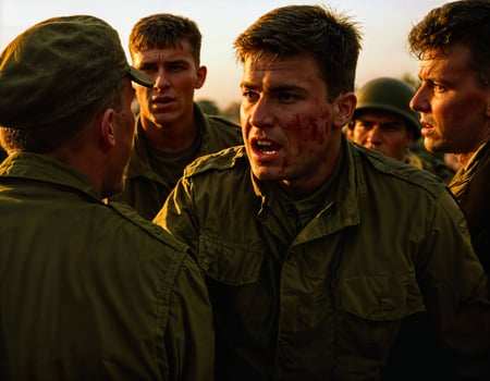 AI generated photo of intense soldier man in army outfit and helmet in serious dangerous war arguing with other, generative AI