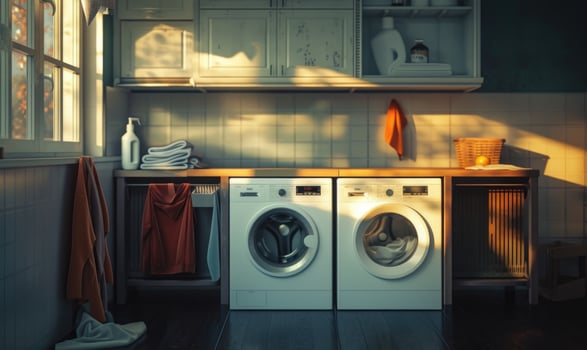 AI generated Laundry room interior with washing machine and clothes. photo