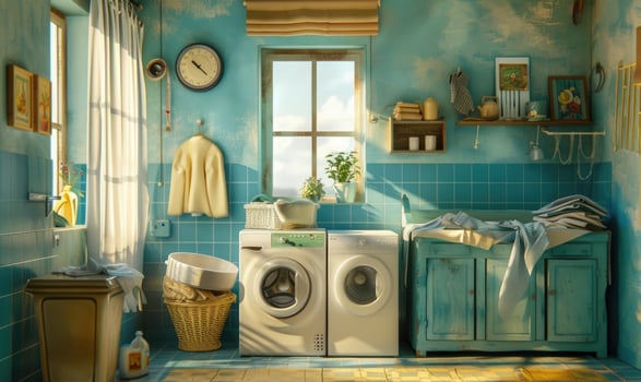 AI generated Laundry room interior with washing machine and clothes. photo