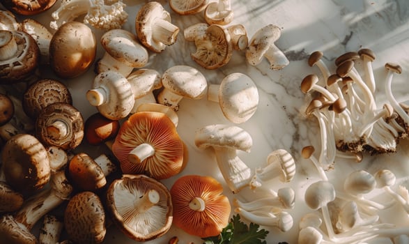 AI generated Mushrooms on white marble background. Top view, flat lay photo