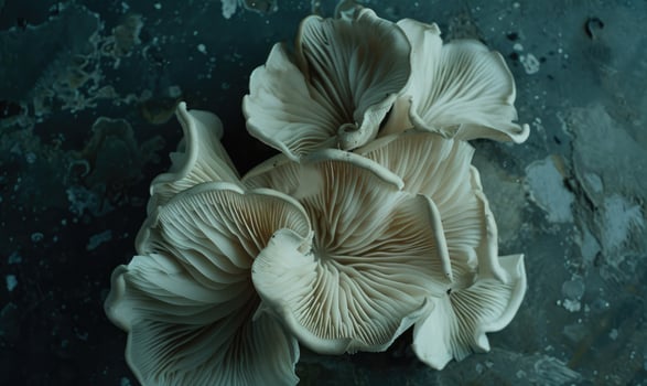 AI generated Oyster mushrooms on a dark background. Selective focus. photo