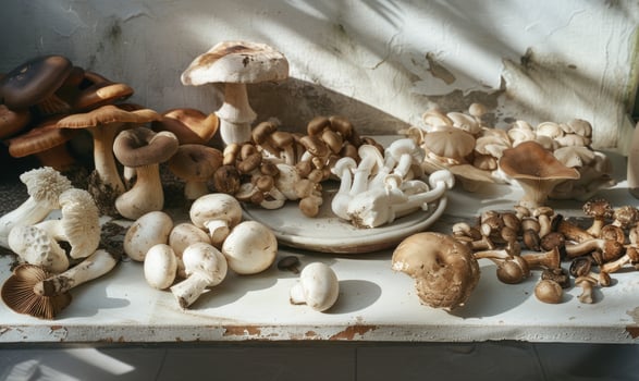 AI generated Mushrooms in the kitchen on the table. The concept of a healthy lifestyle. photo