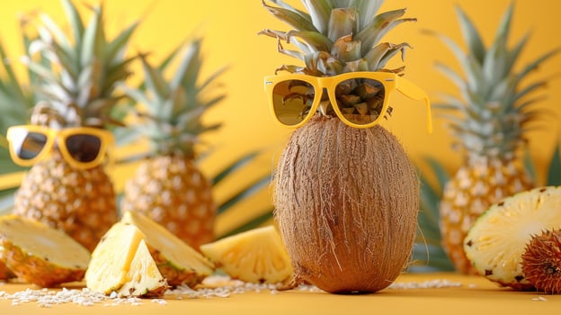 AI generated A sequence of pineapples and a coconut sporting sunglasses against a sunny yellow backdrop photo