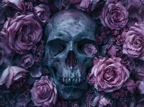 AI generated a skull is surrounded by purple roses photo