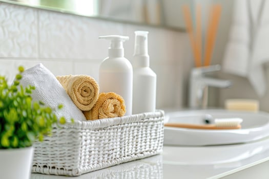 AI generated A set of body care cosmetics and towels in a bright bathroom. Skin care concept banner with copy space photo