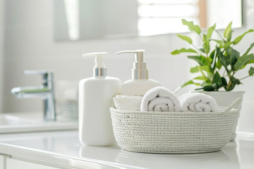AI generated A set of body care cosmetics in a bright bathroom. Skin care concept banner with copy space photo