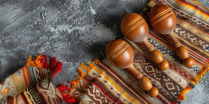 AI generated Mexican maracas and ponchos on a dark background. Saltillo Serape Blanket. Cinco de Mayo background with copy space photo