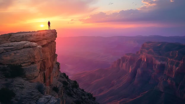 AI generated Hikers Triumph A Gaze at the Setting Sun from Rugged Mountain Peak Embodying Strength Resilience and Hope photo