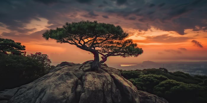 Lonely beautiful tree on the top rock hill mountain at sunset. Nature outdoor scene view photo