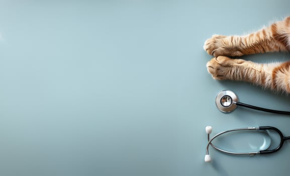 AI generated Generative AI, Cat paws and stethoscope isolated on blue background. Banner with copy space for vet clinic. Pet health care concept photo