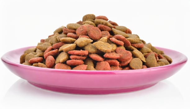 Dry pet food in pink plate isolated on white background. Animal nutrition photo