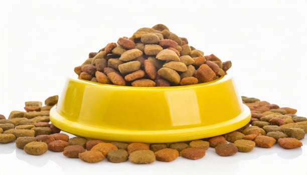 Dry pet food in yellow plastic bowl on white background. Animal nutrition photo