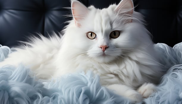 AI generated Cute kitten sitting on bed, looking at camera with love generated by AI photo