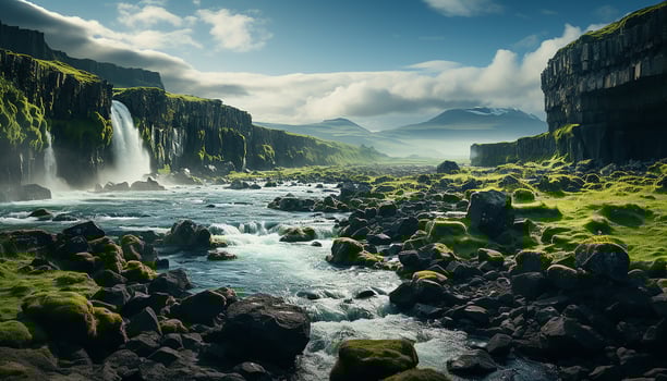 Majestic mountain peak, flowing water, green grass, blue sky generated by AI photo