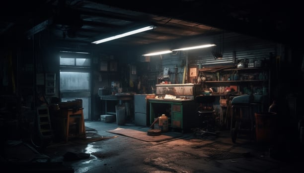 AI generated One man making metalwork inside old repair shop generated by AI photo
