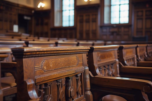 AI Generated Classic courtroom interior with wooden bench close up photo