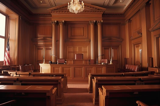 AI Generated Classic courtroom interior design with American flag and grand chandelier photo