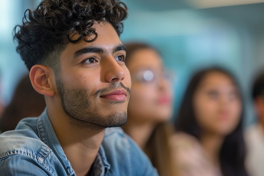 AI Generated Young Hispanic man listening to presentation in group meeting in office photo