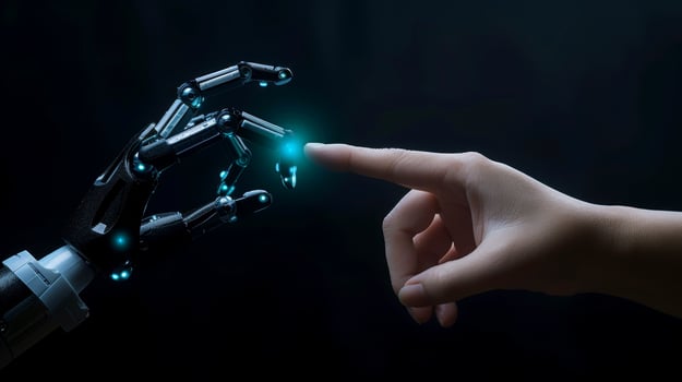 AI generated Robot finger making contact with human finger, Generative AI photo