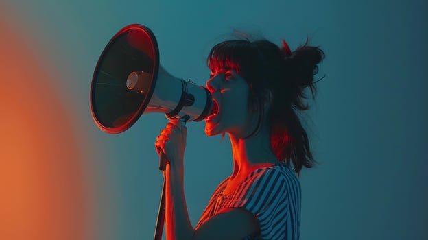 AI generated Woman Screaming in Loudspeaker. Announcement, Discount, Sale, Black Friday, Warning, Information photo