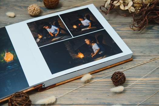 premium photo book, large size, natural wood cover, quality binding. Family photobook, recreation memories