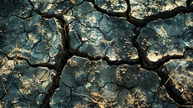 A stark image of a cracked earth landscape under a scorching sun, withered plants scattered around, a visual metaphor for the effects of global warming photo