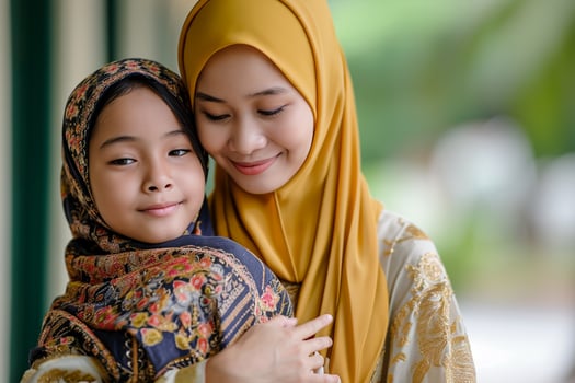 AI generated Malay Muslim family in traditional clothing video greeting friends and relatives on laptop during the Hari Raya Aidilfitri Celebration photo
