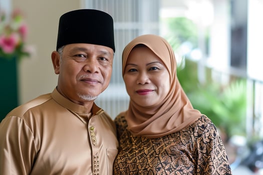 AI generated Portrait of a Malay Muslim couple welcoming their guest for the celebration of Hari Raya photo