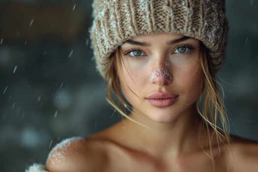AI generated Winter portrait of a young beautiful woman in a hat photo