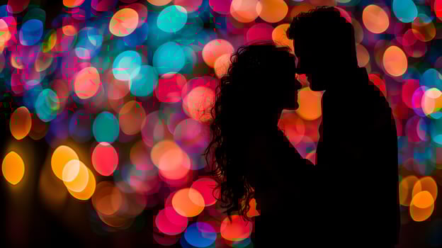 AI Generated silhouette of a couple with a colorful bokeh background photo
