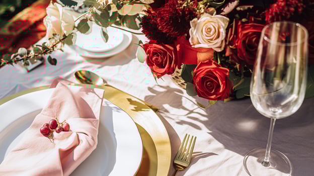 AI generated Wedding and event celebration tablescape with flowers, formal dinner table setting with roses and wine, elegant floral table decor for dinner party and holiday decoration, home styling photo