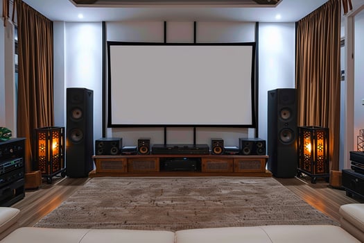 AI generated Mini Home Theater on white wall, big screen, audio equipment photo