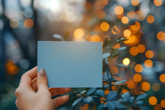 AI generated Womans hand holds small blank blue paper with bokeh background photo