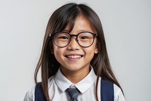 AI generated happy darkskinned schoolgirl teenager wearing eyeglasses on a gray solid background with copy space.  AI generated photo