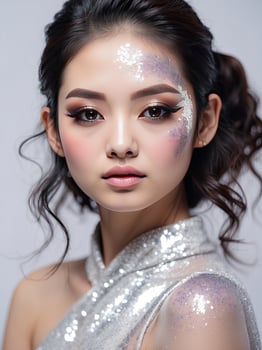 AI generated closeup beautiful woman with creative makeup with glitter, festive makeup for a party, new year, disco, holiday photo