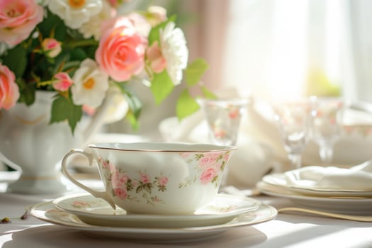 AI generated Elegant table setting with delicate floral themed dishes. Generative AI photo