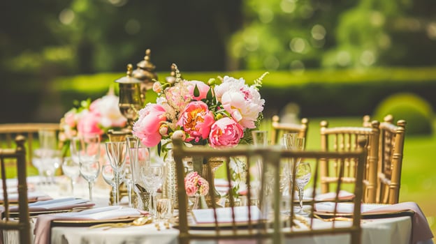 AI generated Wedding decoration with peonies, floral decor and event celebration, peony flowers and wedding ceremony in the garden, English country style photo