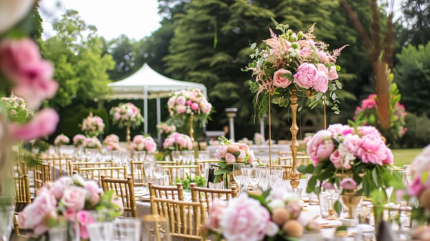 AI generated Wedding decoration with peonies, floral decor and event celebration, peony flowers and wedding ceremony in the garden, English country style photo