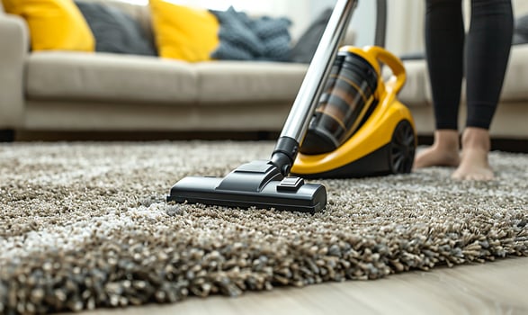 AI generated Close-up of someone vacuuming the carpet, showcasing the chore of keeping a living room clean photo