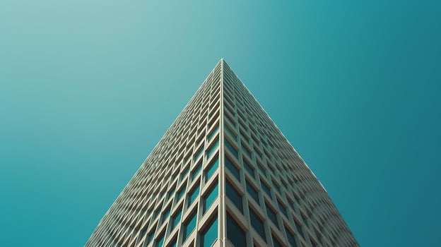AI generated Sleek Modern Skyscraper Captured in Closeup with Reflective Glass Facade Against Clear Blue Sky photo